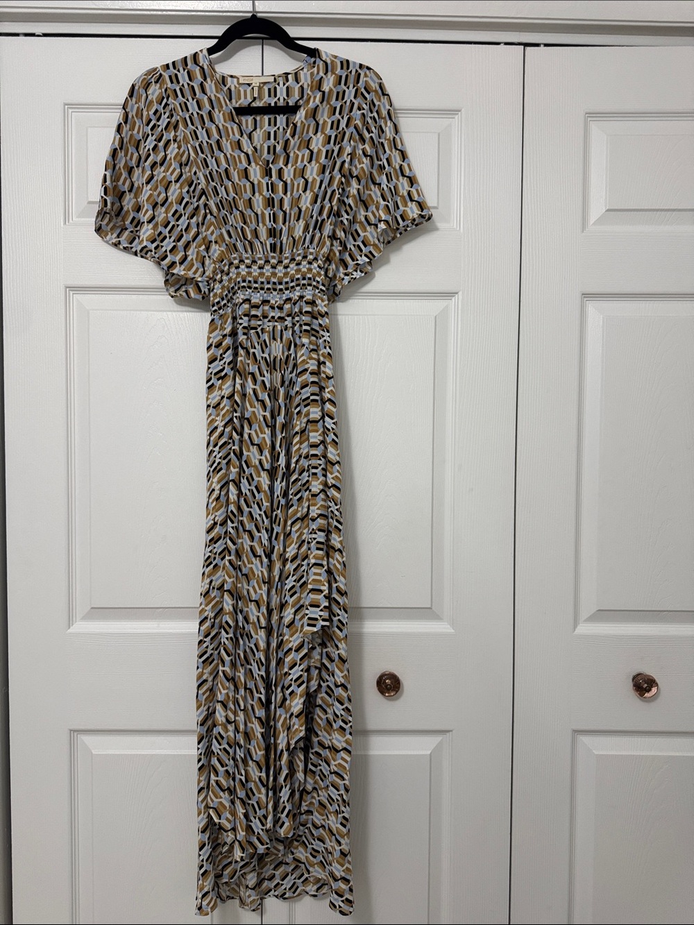 Maje Beige, Light Blue & Black Geometric Print Maxi Dress